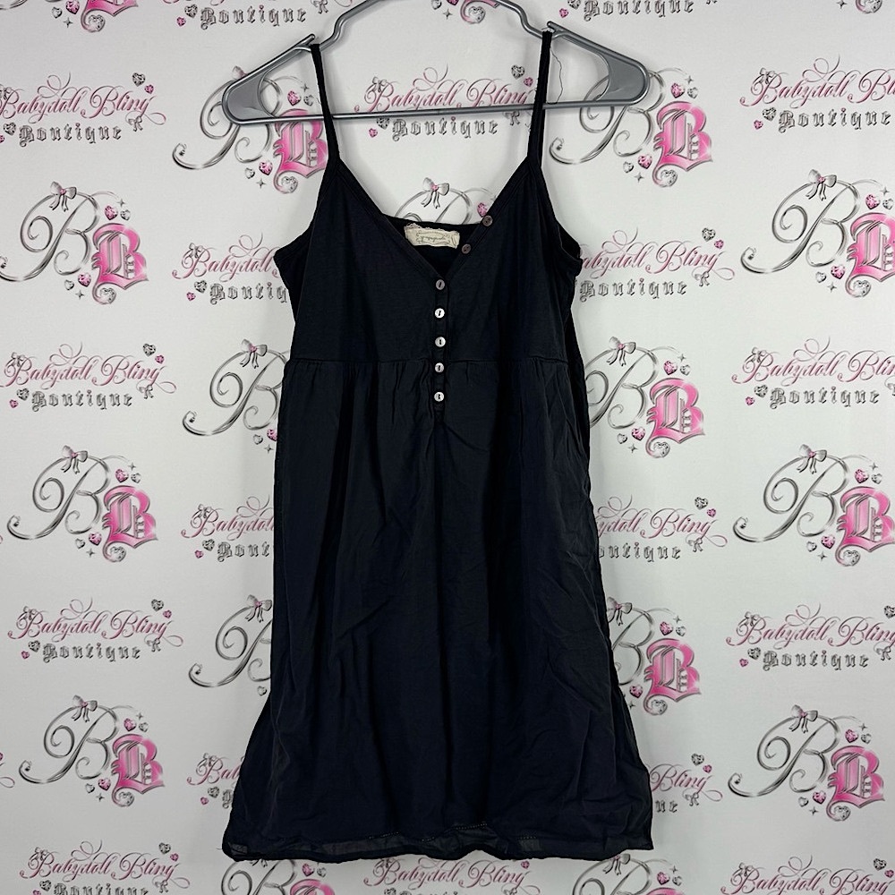 Propaganda dress buttons dark black grey ruffle Black Spaghetti Strap Dress